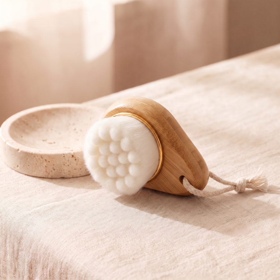 Lymphatic drainage face brush with curved bamboo handle on cream linen
