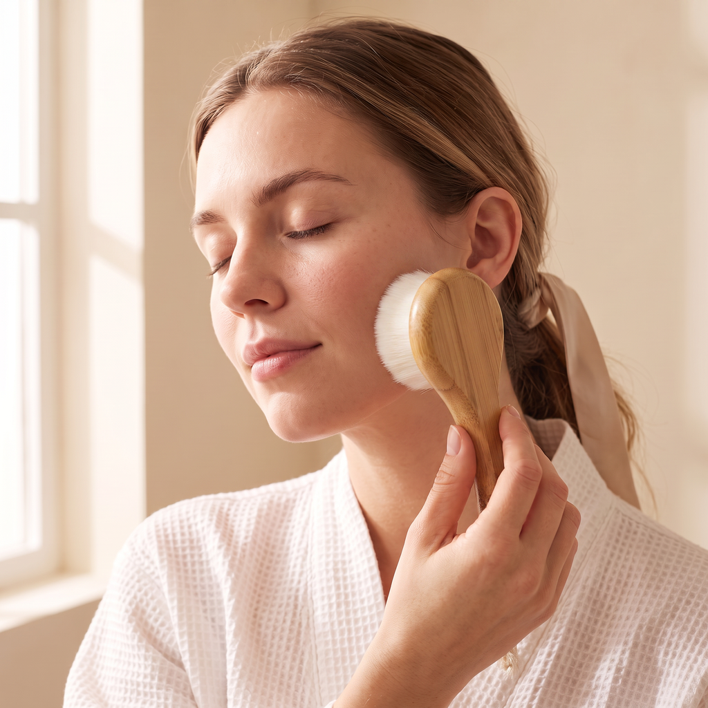 Face brush in use on a dry cheek