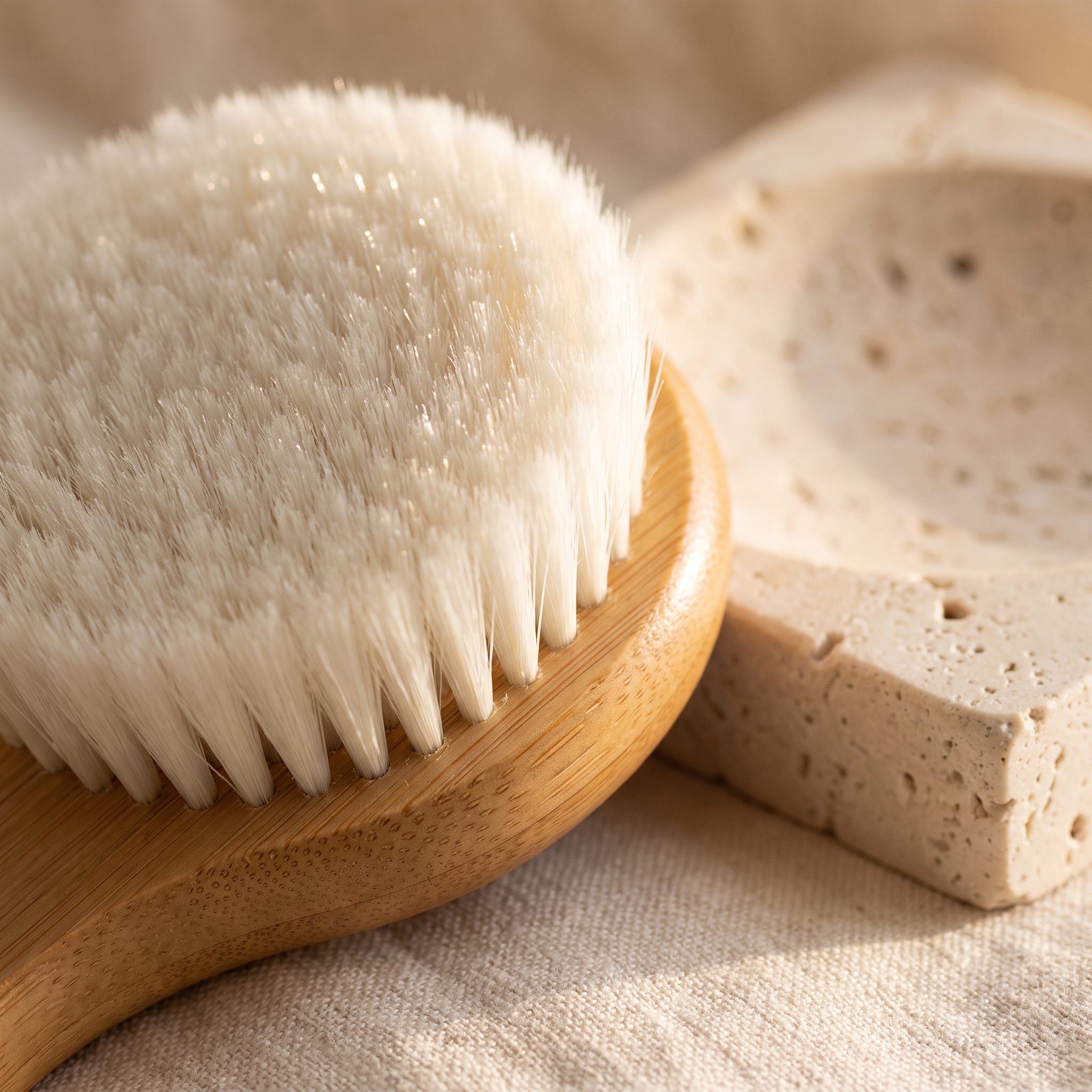 Close-up of the brush's soft white bristles